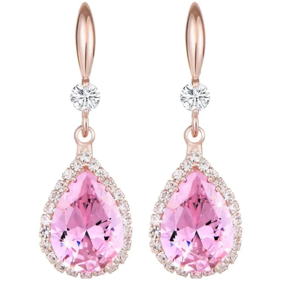 14K Rose Gold with Pink Sapphire Cubic Zirconia Teardrop Hook Dangling Earrings